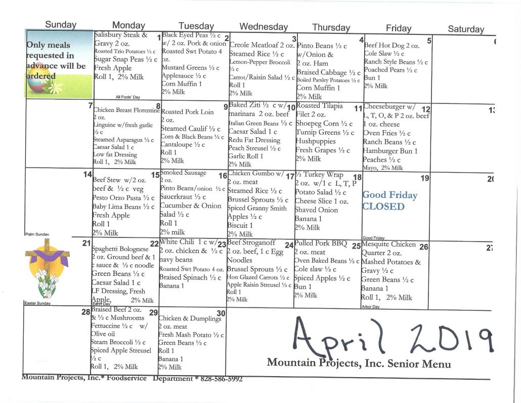 Mountain Projects Inc April Menu